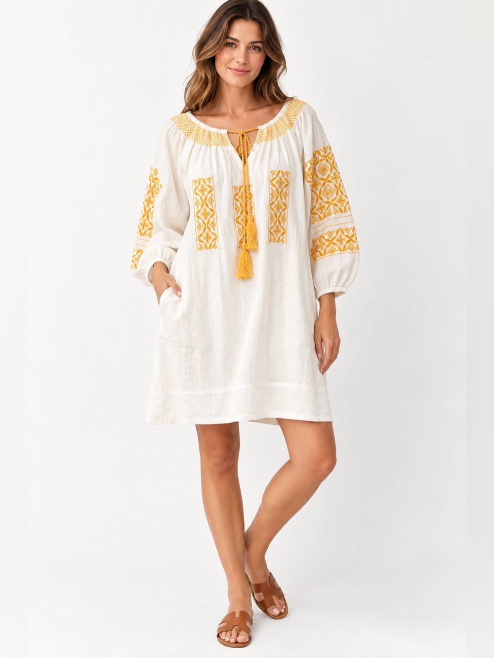 Sundance XL Embroidered Cotton Boho Tunic Dress Ivory Mustard Tassel